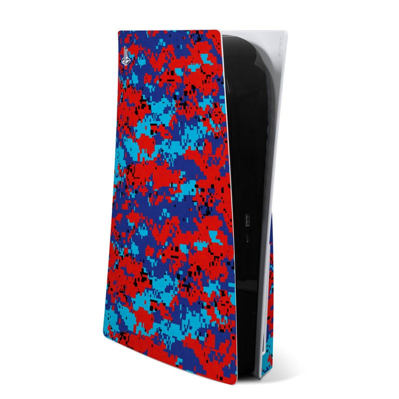 PS5 skin with red, blue, and black digital camouflage pattern, full console cover