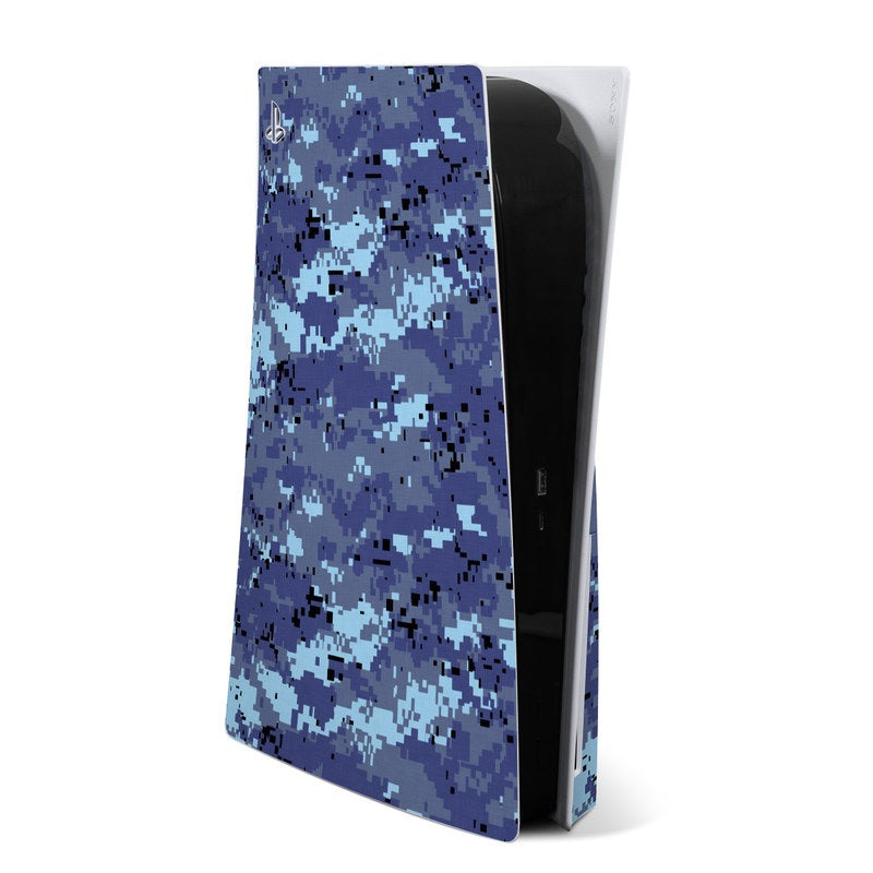 PlayStation PS5 console skin, blue digital sky camo pattern with side panel coverage