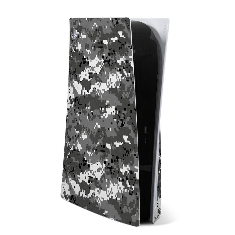 PS5 skin in digital urban camouflage pattern, shown on console front