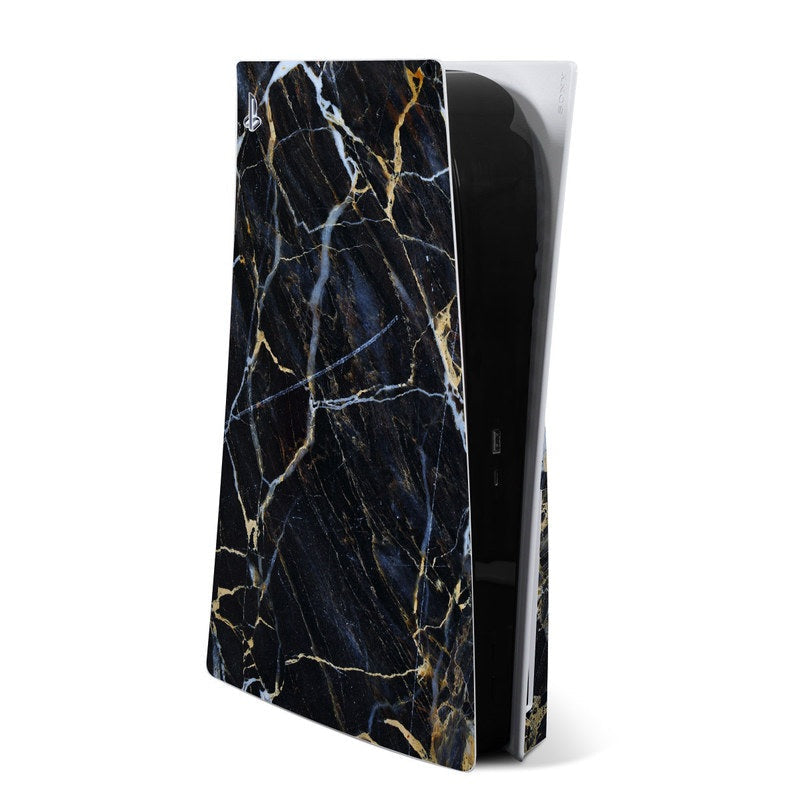 Sony PS5 console skin, dark marble pattern with gold and white veining
