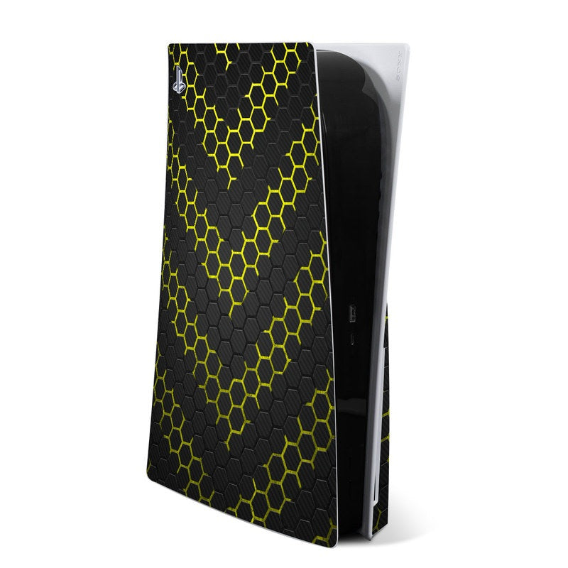 Sony PS5 skin decal with black and neon yellow honeycomb pattern
