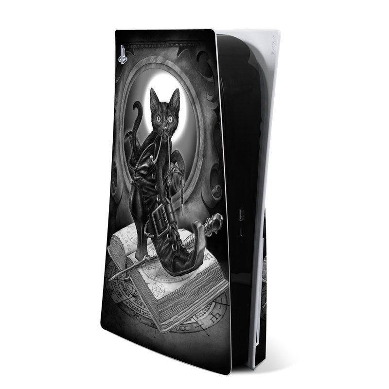 PS5 console skin with grayscale black cat character and occult-style graphics