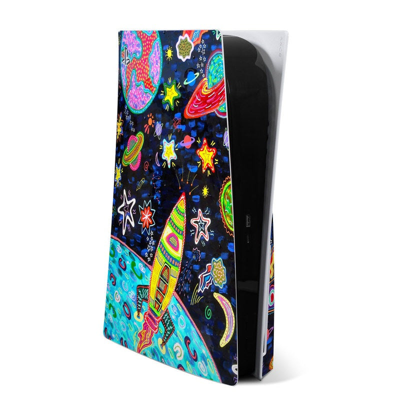 PlayStation 5 skin with colorful outer-space doodle graphic, cut-to-fit design