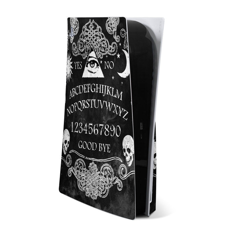 PS5 console skin with black-and-white Ouija-style lettering and skull graphic