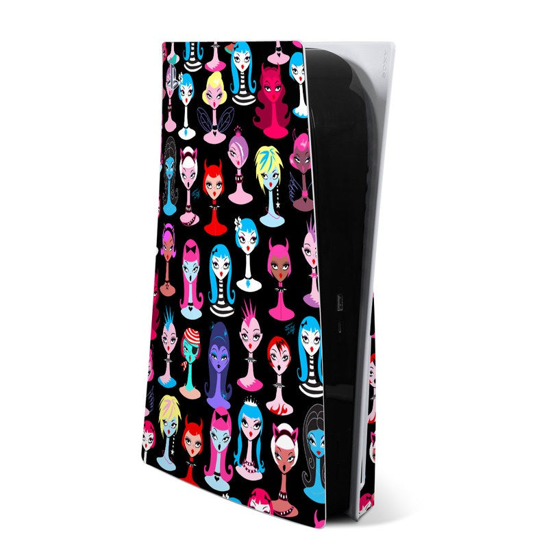 Sony PS5 skin with repeating gothic doll character graphics in pink, blue, and black