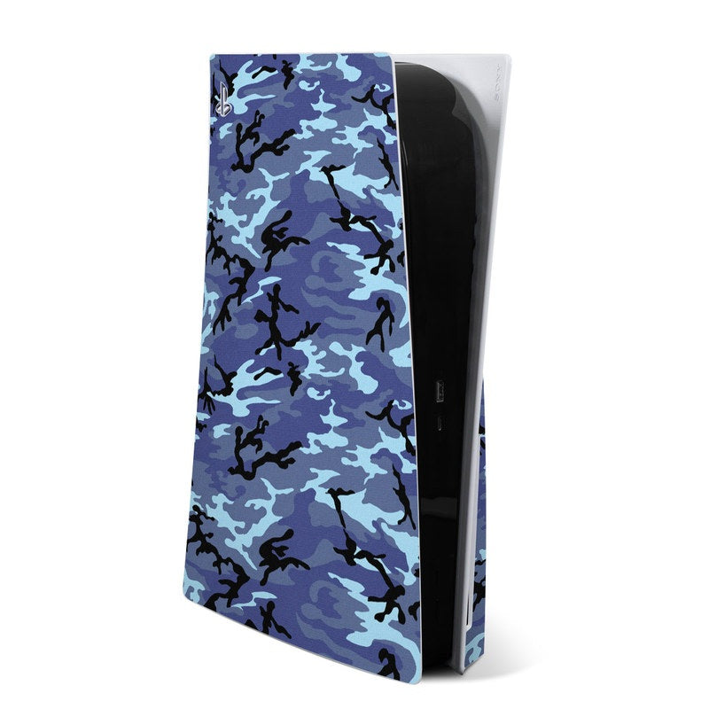 Sony PS5 skin with blue sky camo design, covering front of black console