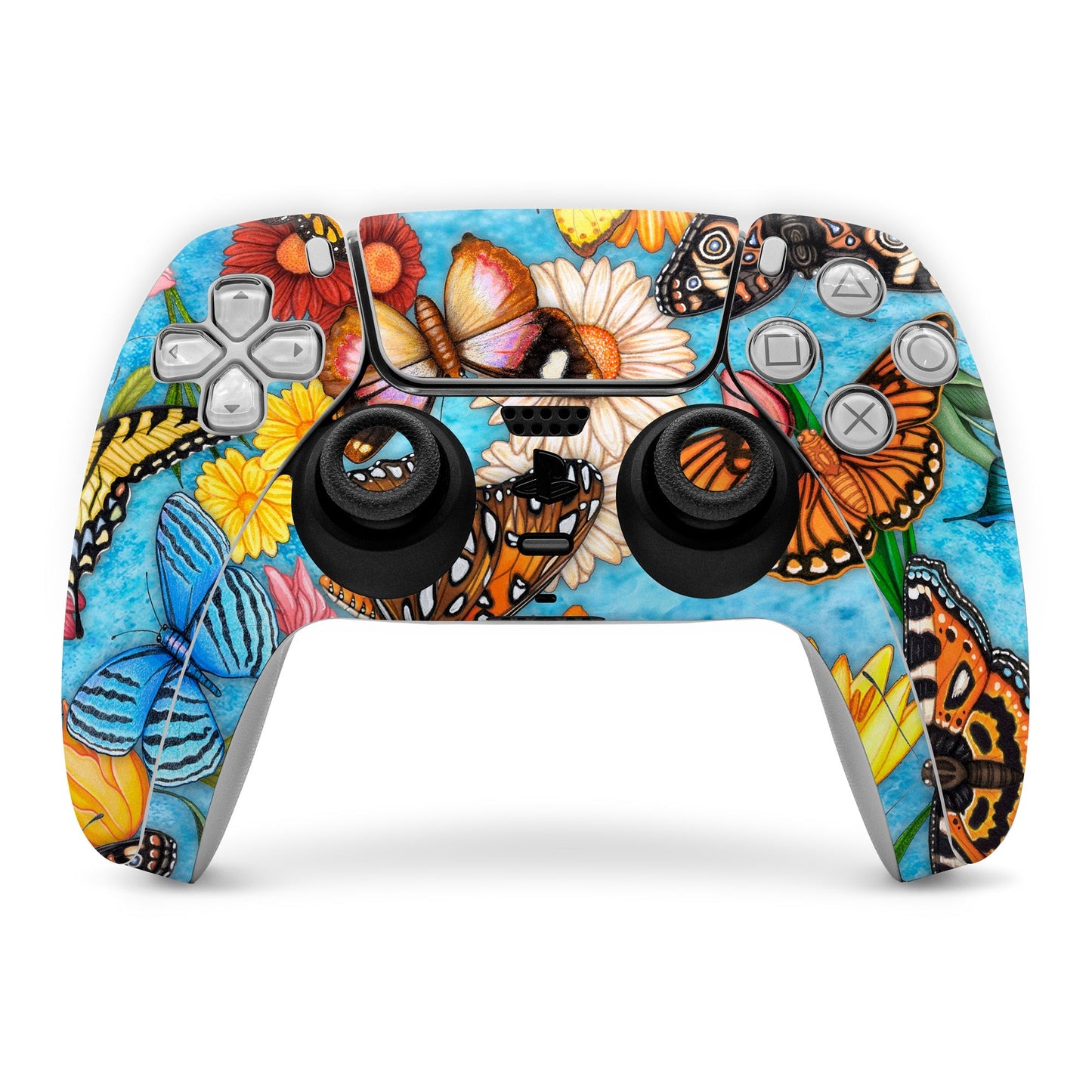 PS5 controller skin with colorful butterfly and floral artwork, full wrap design