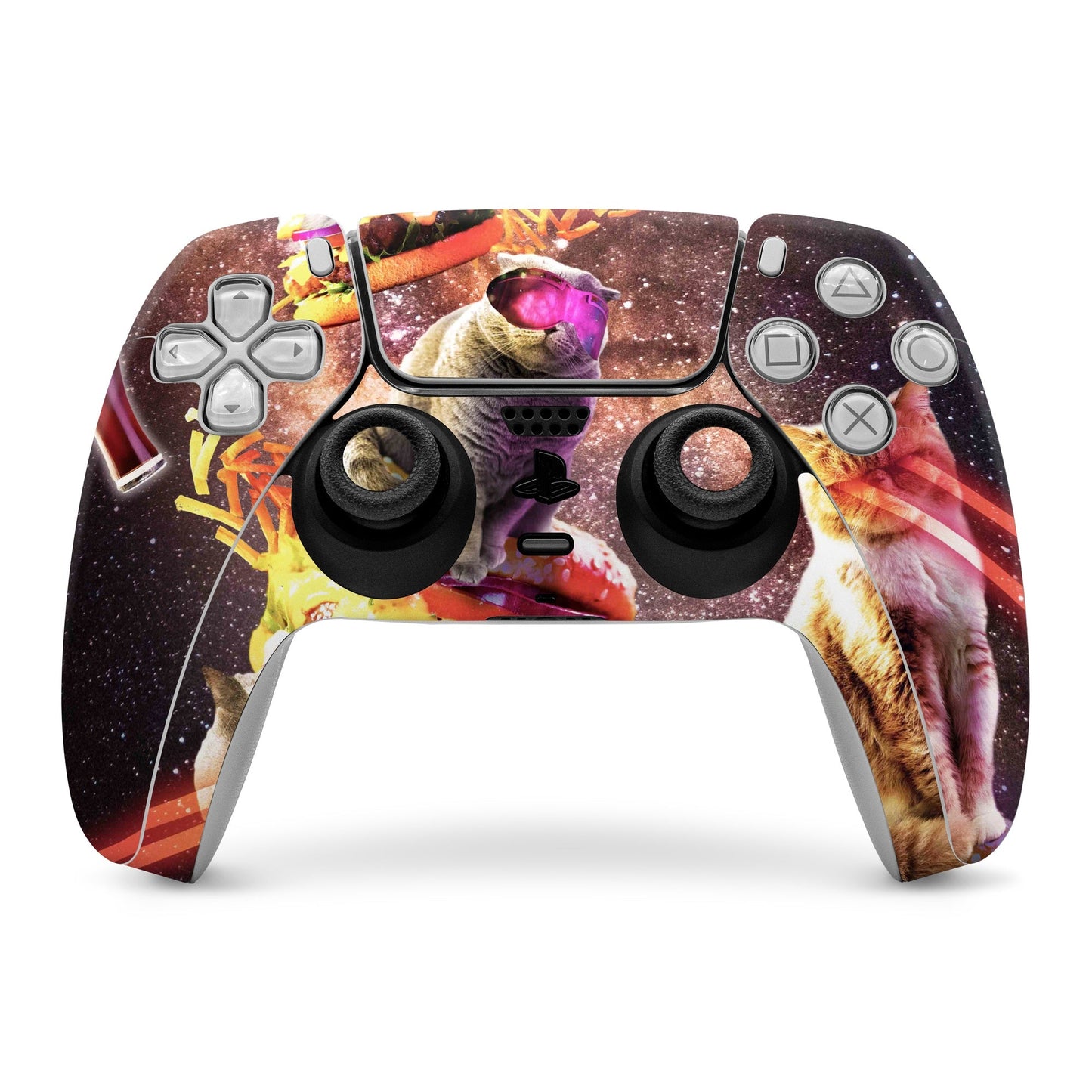 PS5 controller skin with colorful cat and gamepad buttons, maroon and purple design