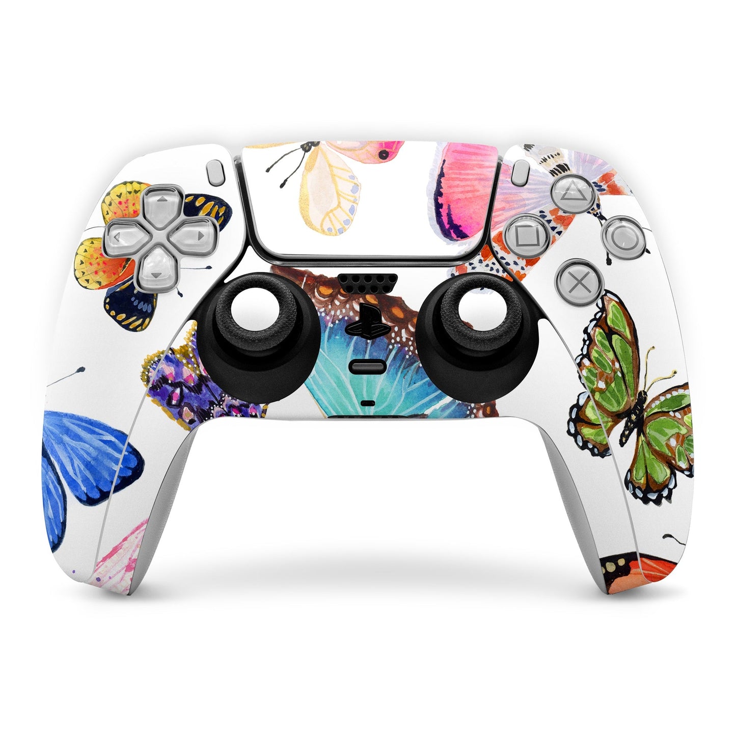 PS5 controller skin with colorful butterfly scatter design on the front