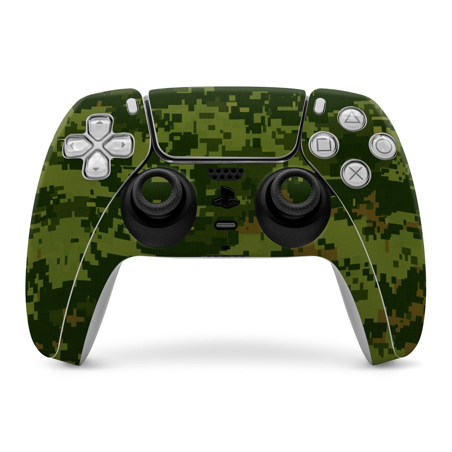 Green CAD camo PS5 controller skin covering front touchpad and buttons