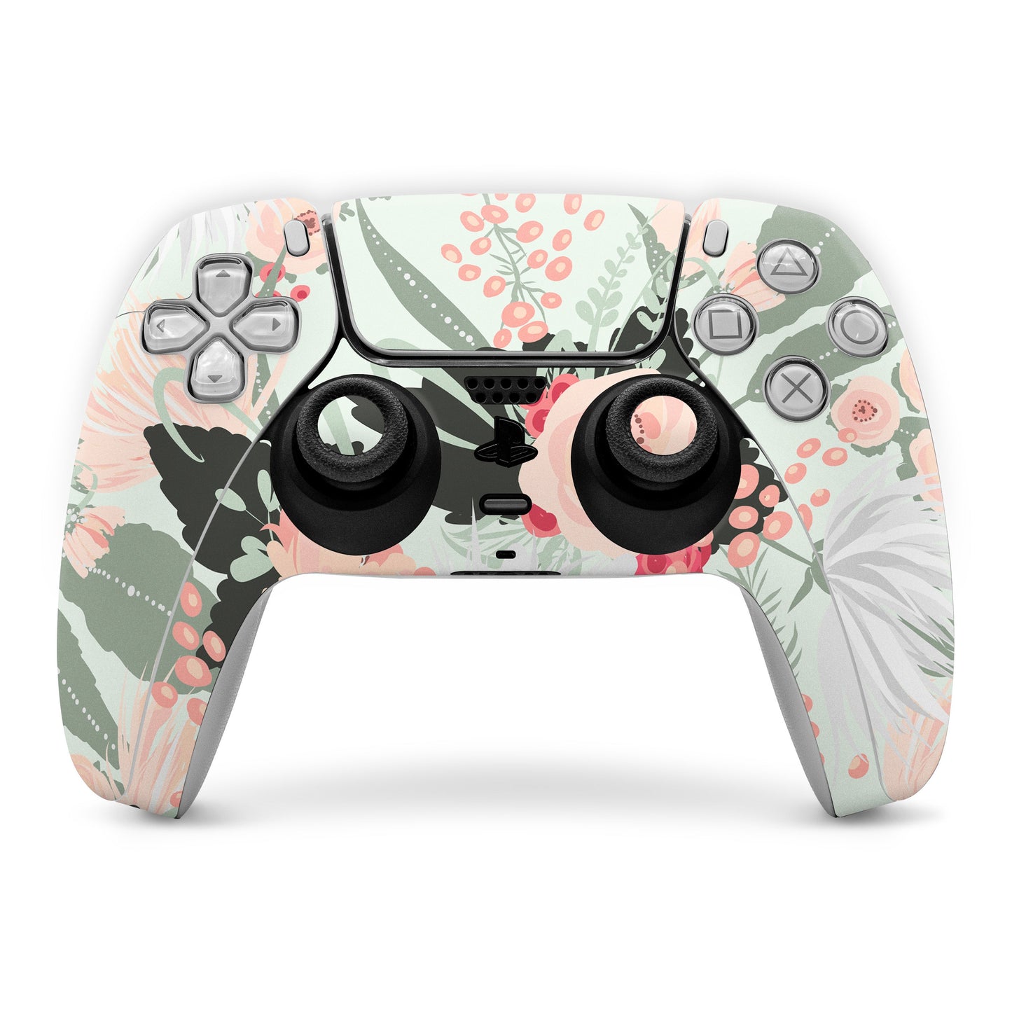 Sony PS5 controller skin with pastel floral leaves and pink flowers