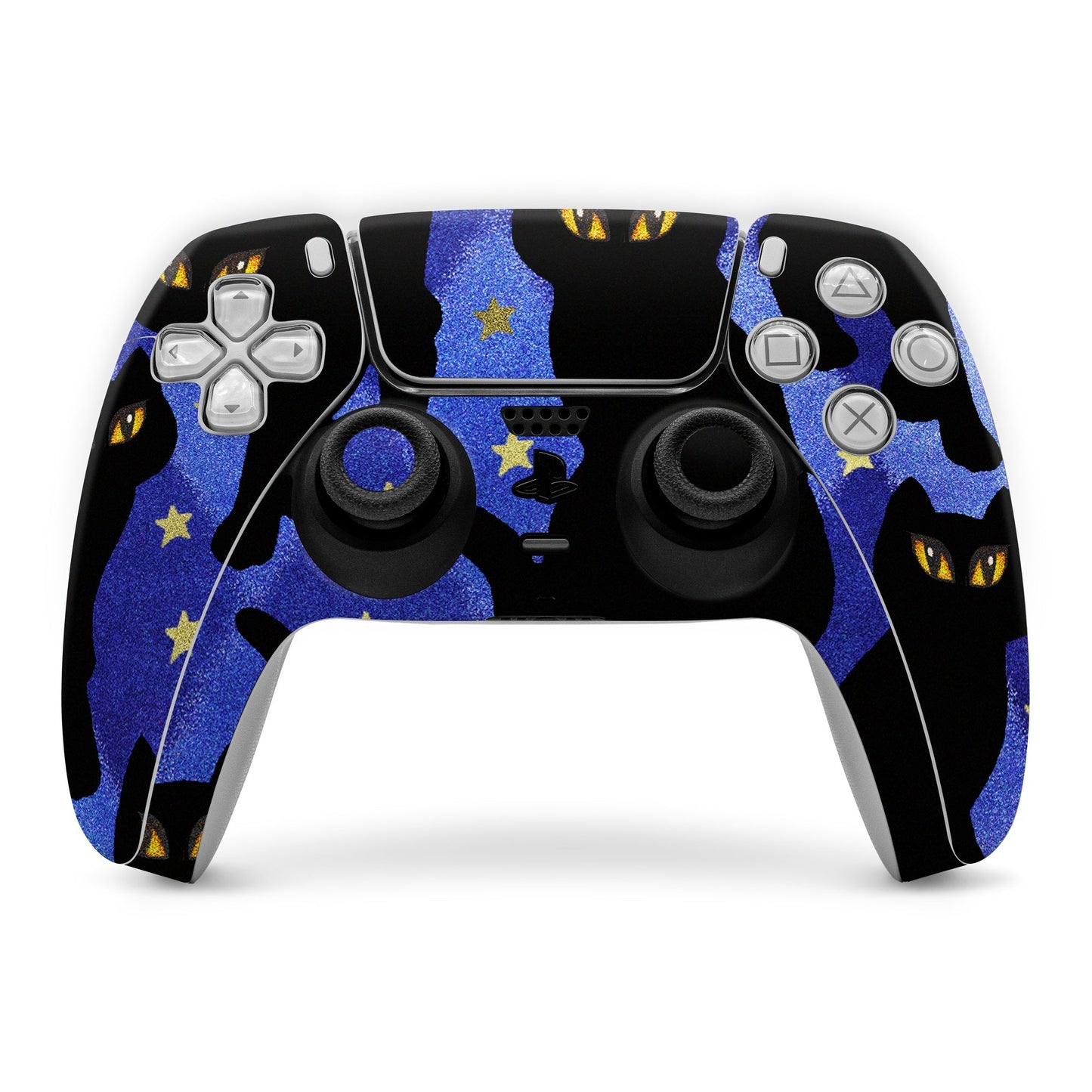 PlayStation 5 controller skin with black cat silhouette pattern on blue and dark background