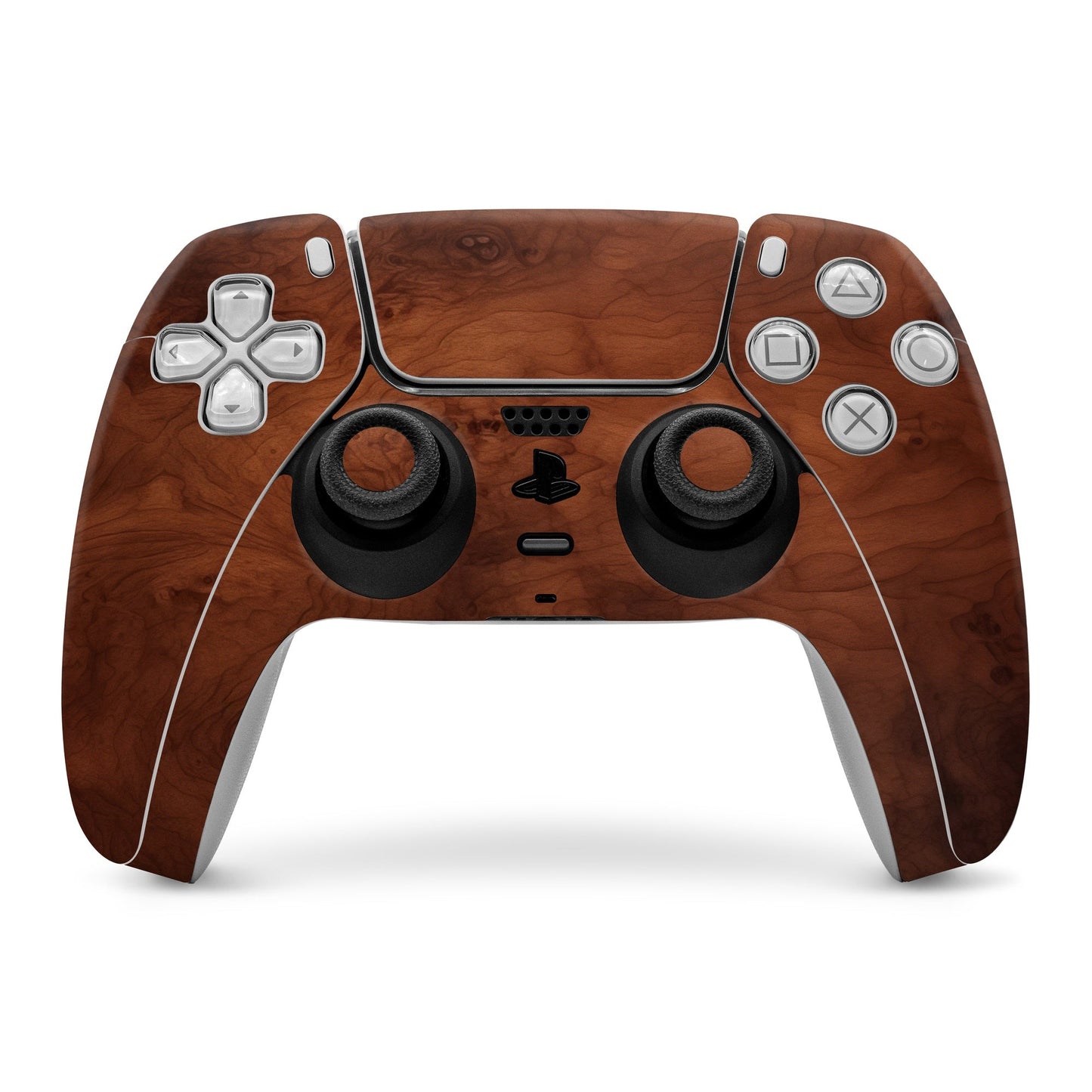 Dark burlwood PS5 controller skin for front view, with faux wood grain and cutouts