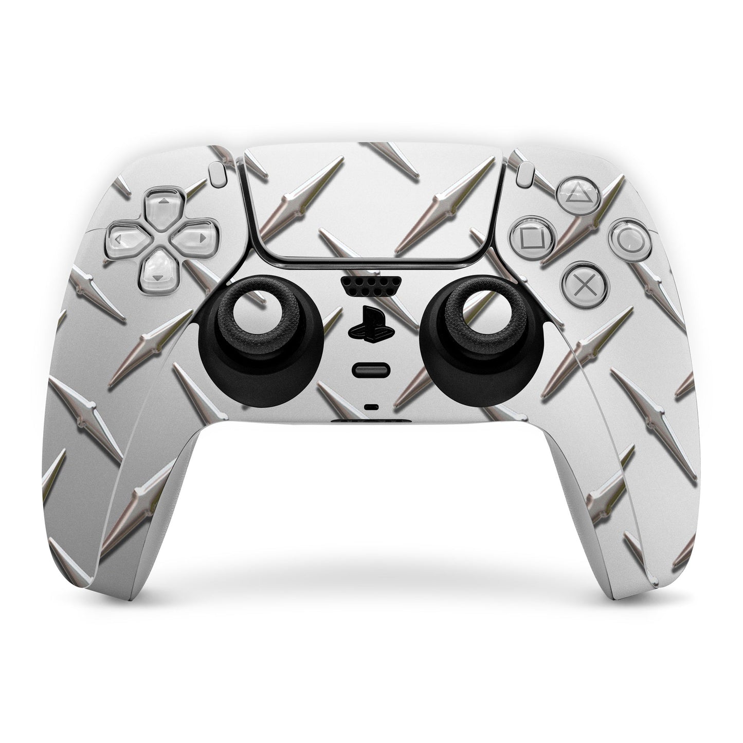 PS5 controller skin with diamond plate silver graphic and black thumbstick grips