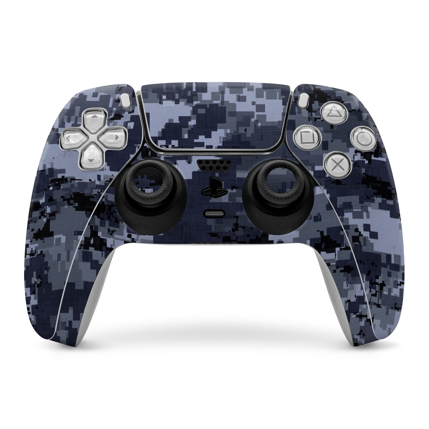 Sony PS5 controller skin with navy digital camo wrap, front buttons and thumbsticks visible