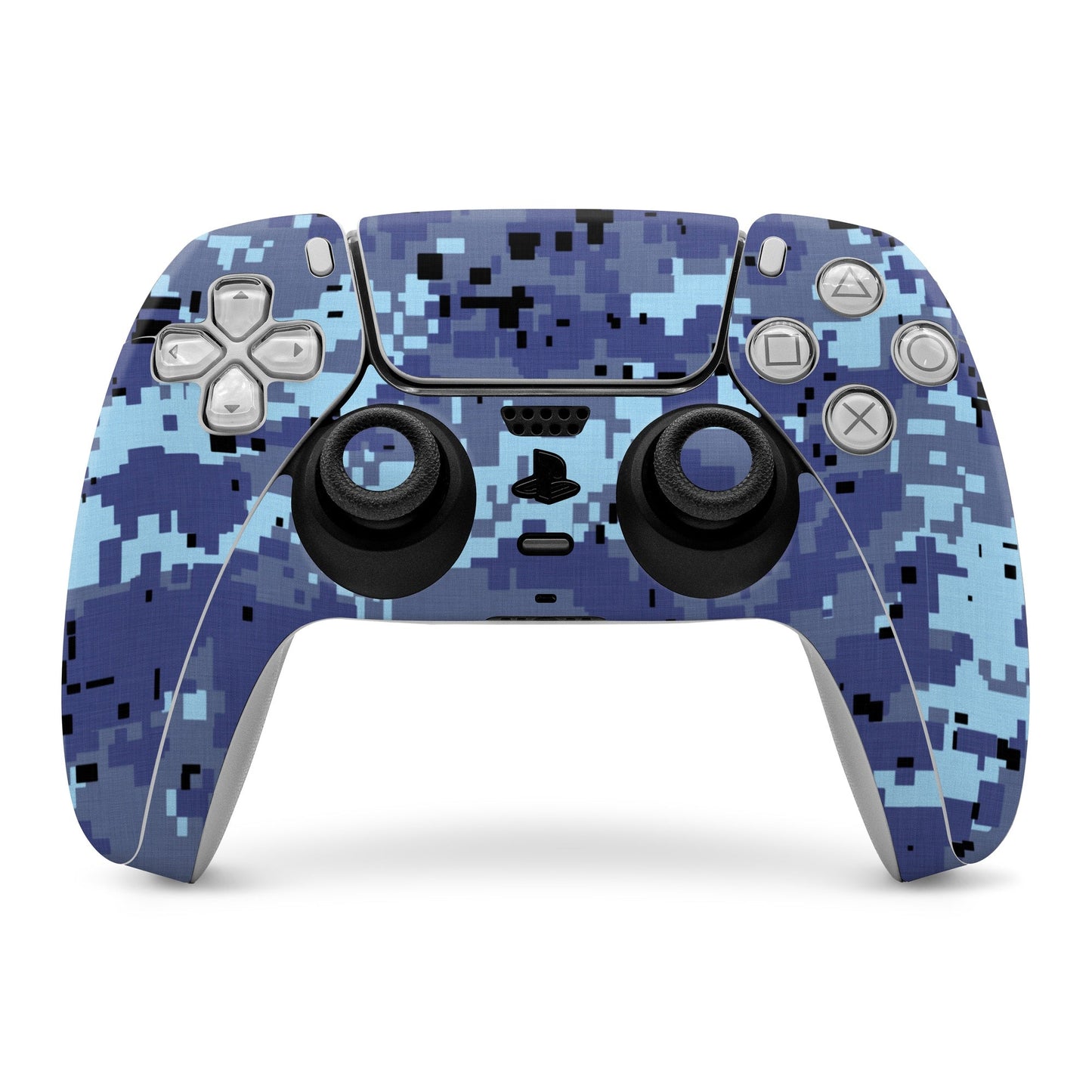 Blue digital camouflage PS5 controller skin with button and stick cutouts.