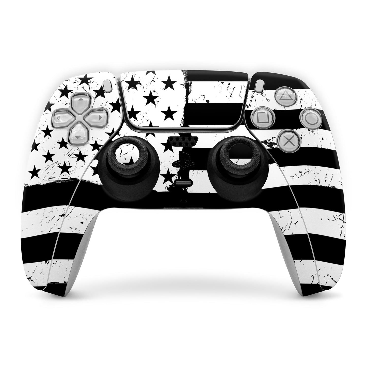 Sony PS5 controller skin with black and white star and stripe design