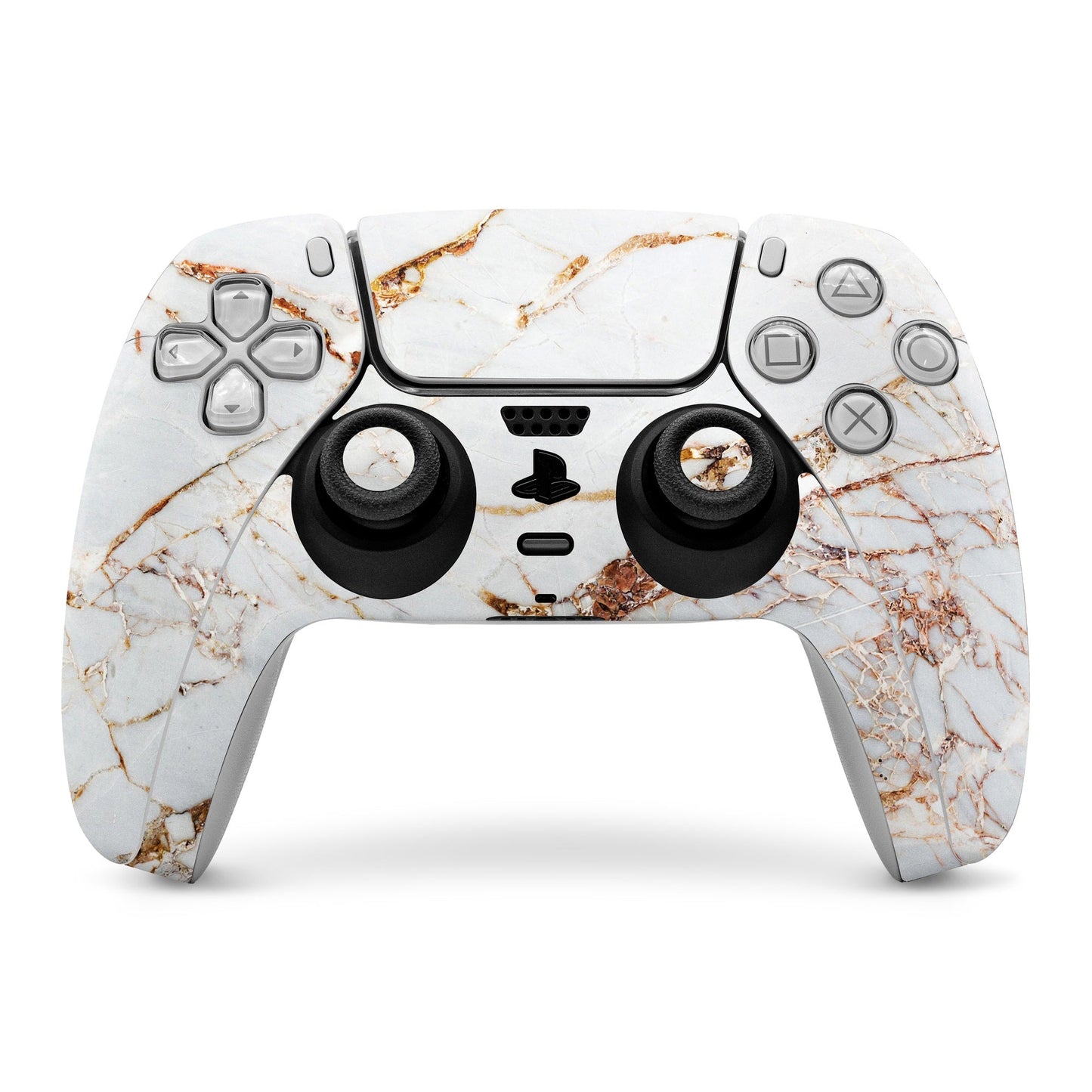 Sony PS5 controller skin, white marble design with gold veining over front buttons