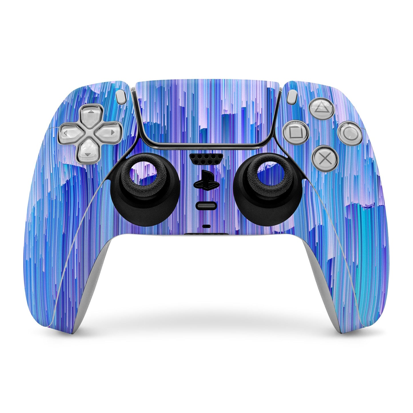 PS5 controller skin with blue vertical streak pattern over face buttons and thumbsticks