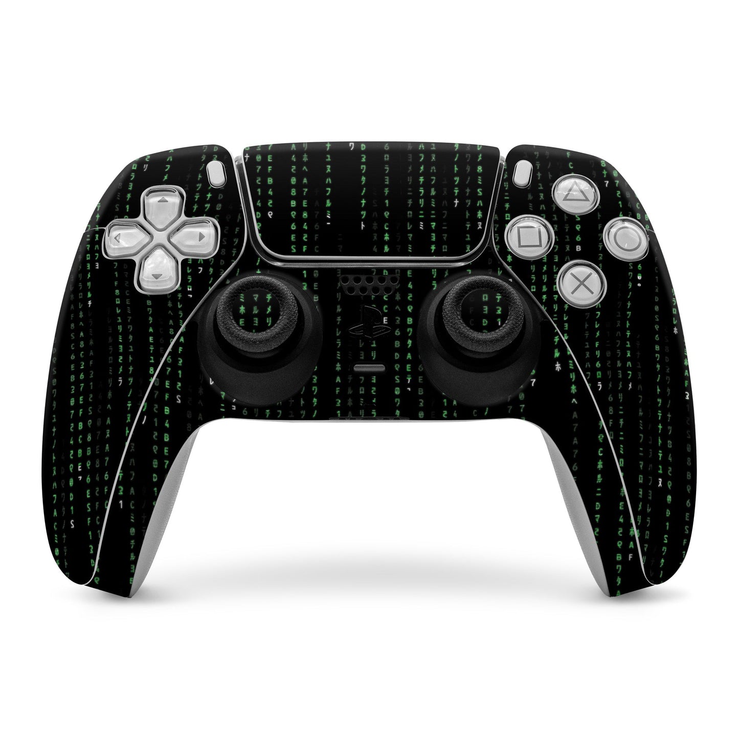 PS5 controller skin with black background and green Matrix-style code over buttons and joysticks