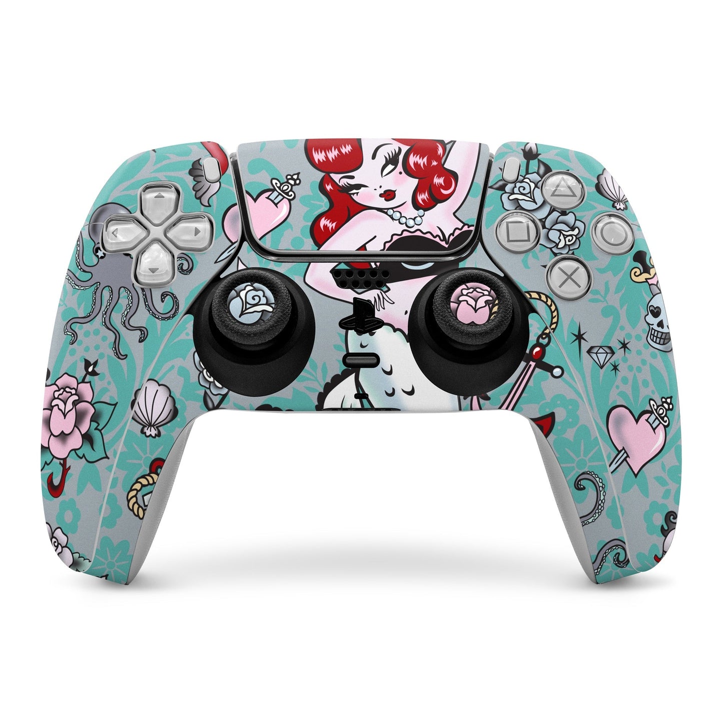 PS5 controller skin with teal cartoon mermaid pattern and flower accents