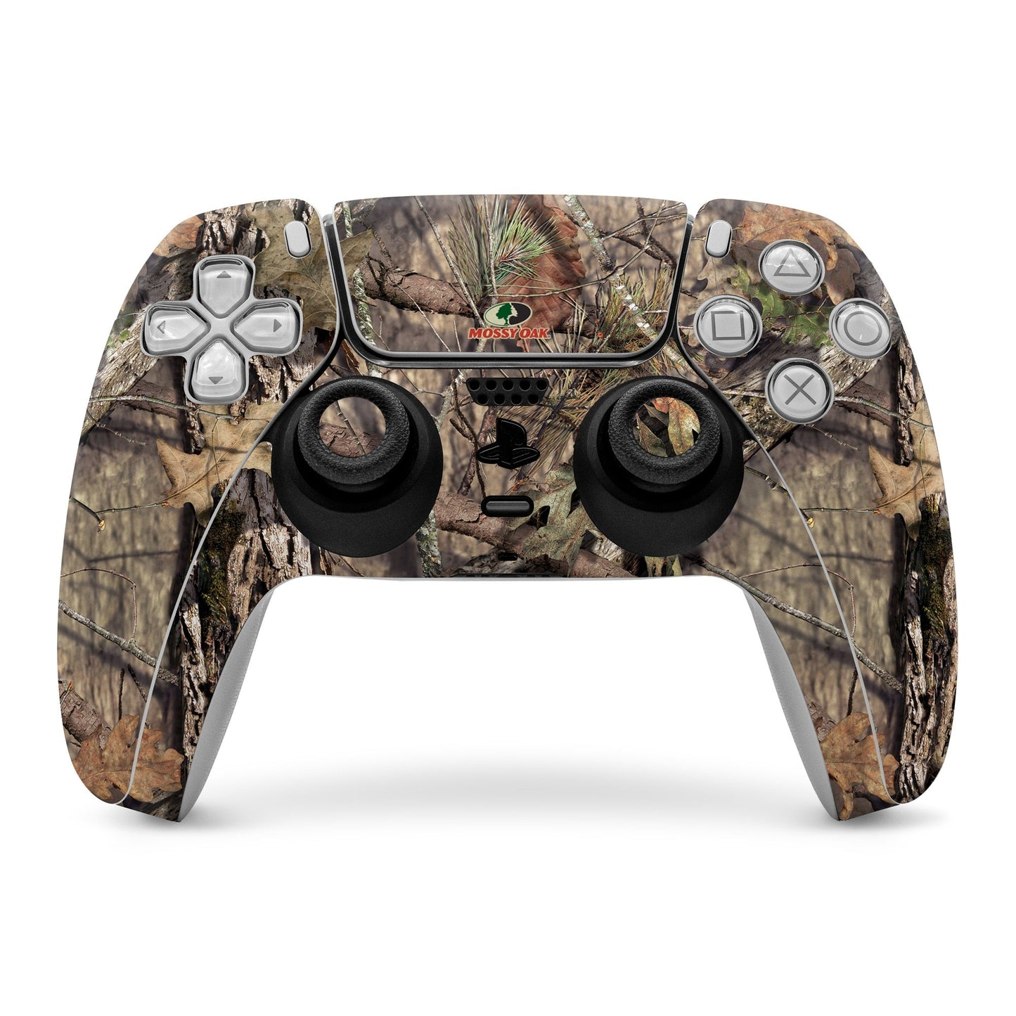 PS5 controller skin with camo pattern and Mossy Oak logo, covers front and buttons