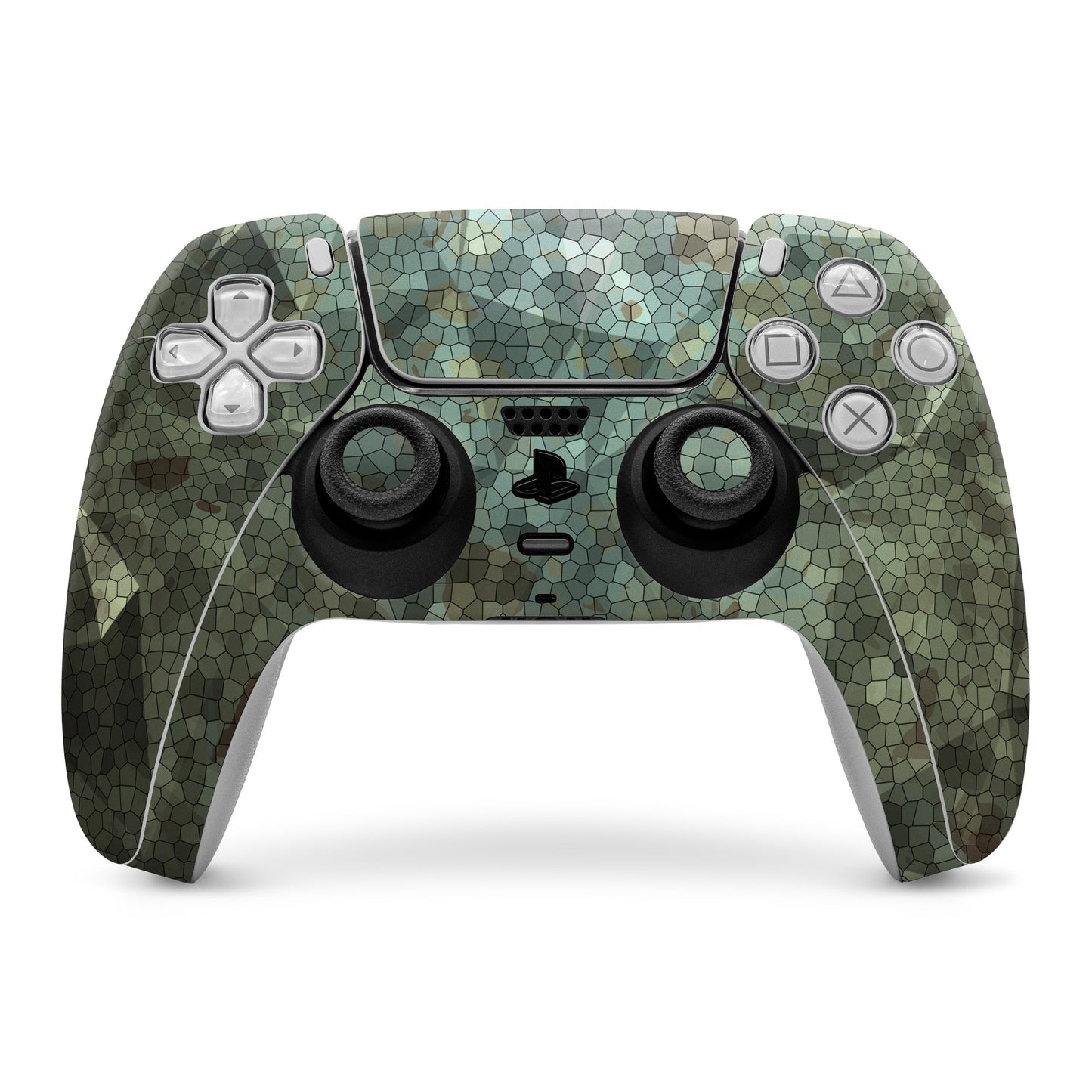 PS5 controller skin with green hex mosaic pattern, thumbsticks and action buttons cutouts