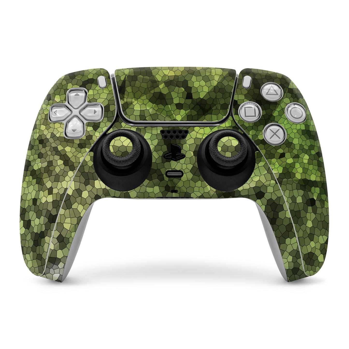 Sony PS5 controller skin with green hex camouflage pattern covering front buttons and thumbsticks