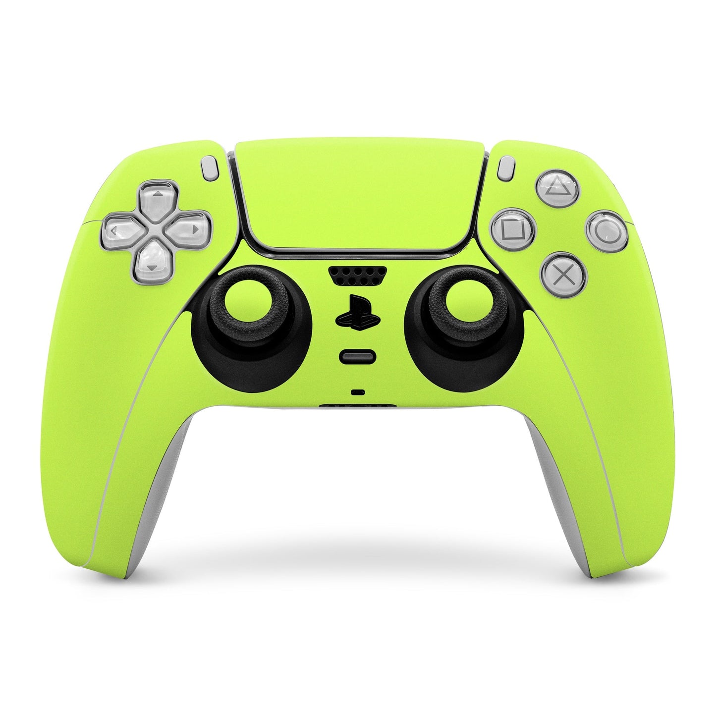 Lime green PS5 controller skin, molded front panel with thumbsticks and buttons