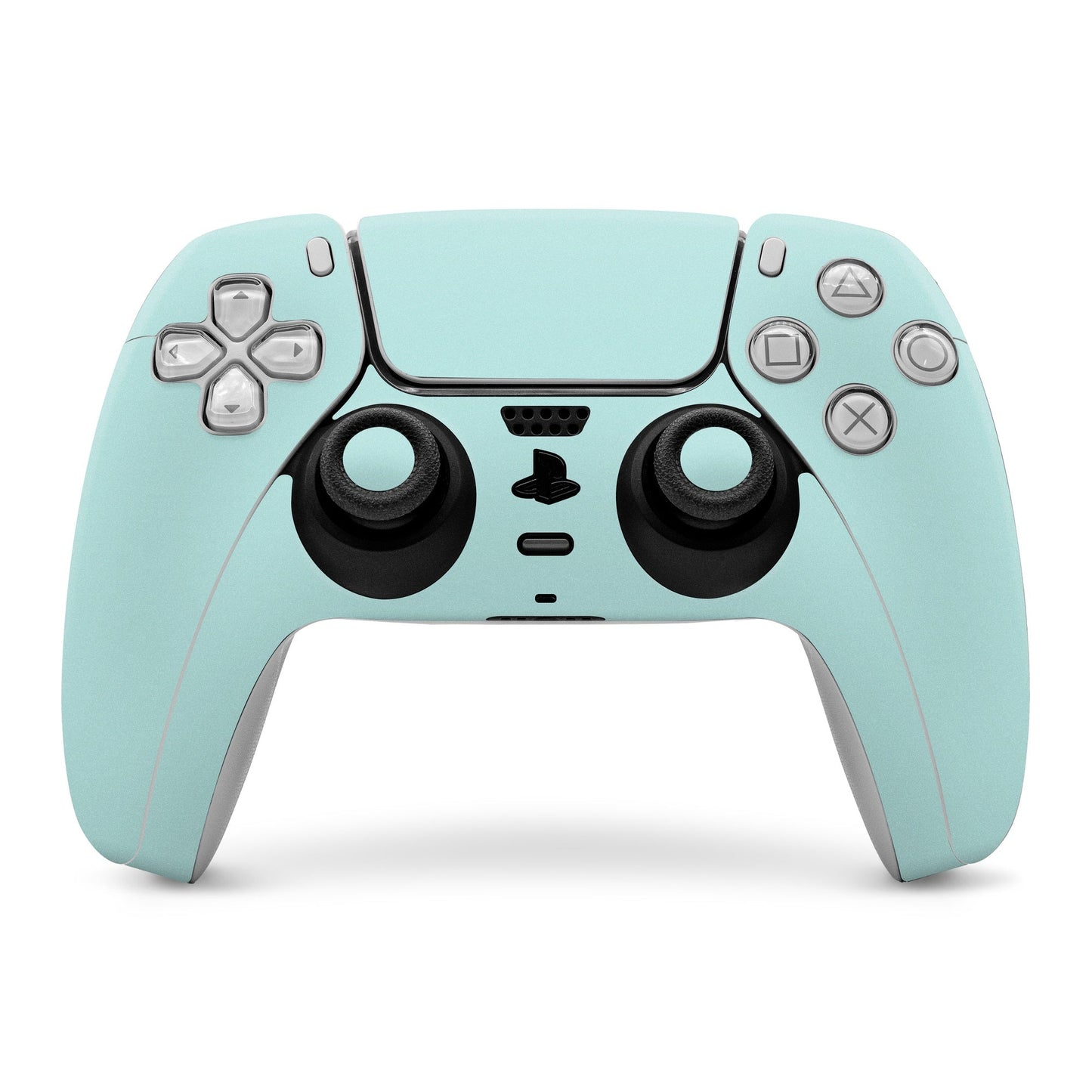 Mint blue PS5 controller skin covering front buttons and thumbsticks
