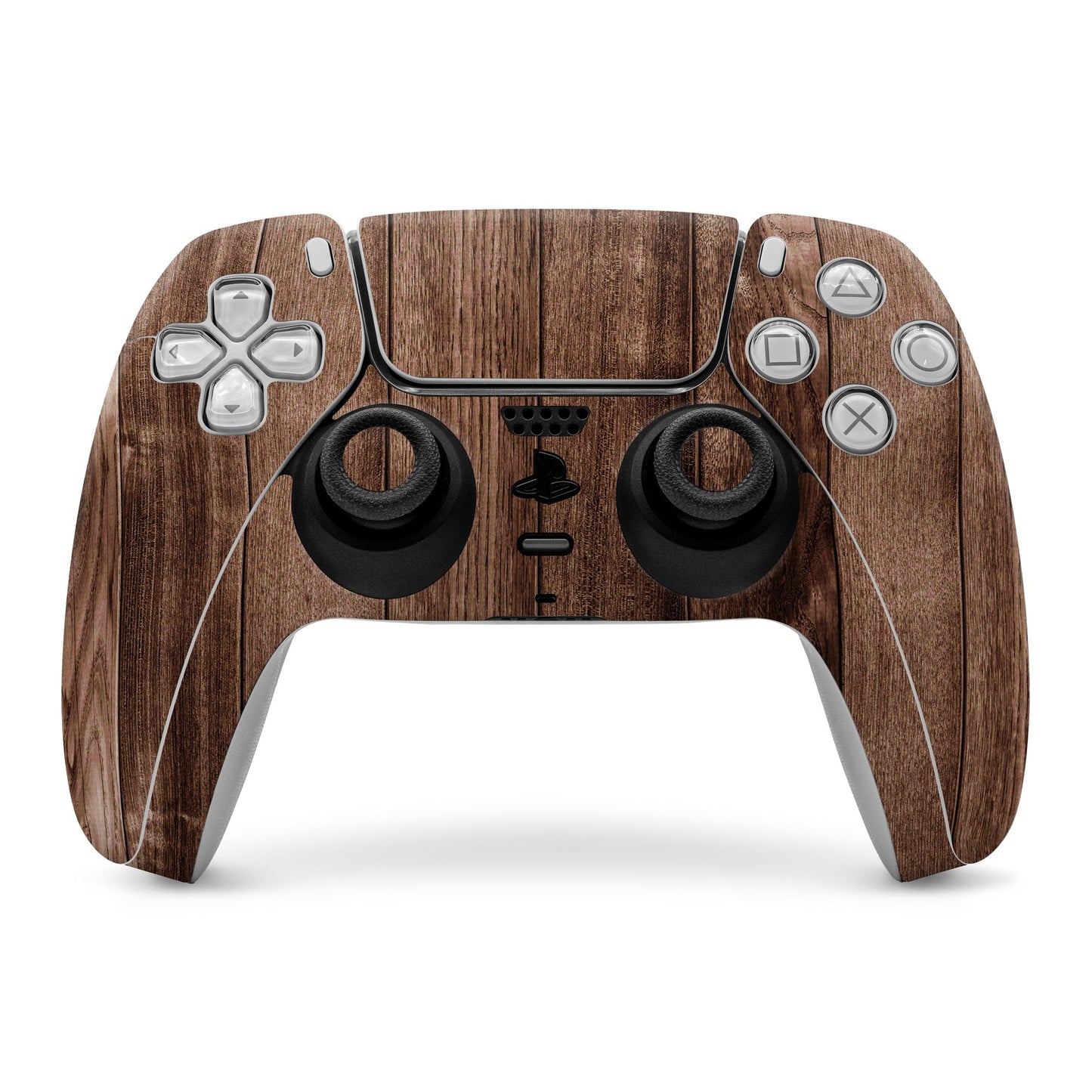 Stained wood Sony PS5 controller skin with wood-grain pattern over buttons