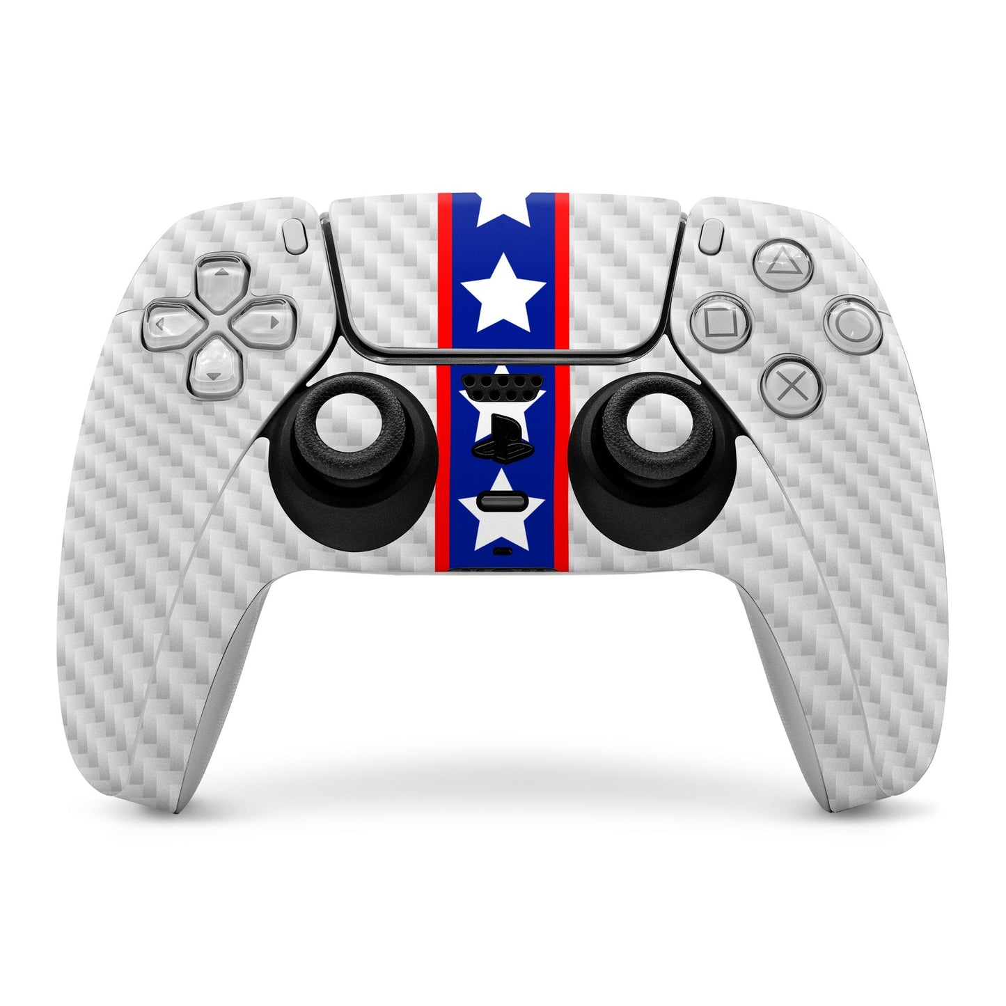 PS5 controller skin with white carbon pattern and blue-red star stripe design