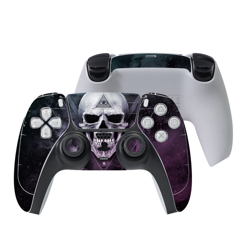 PS5 controller skin with purple nebula skull and gamepad button cutouts