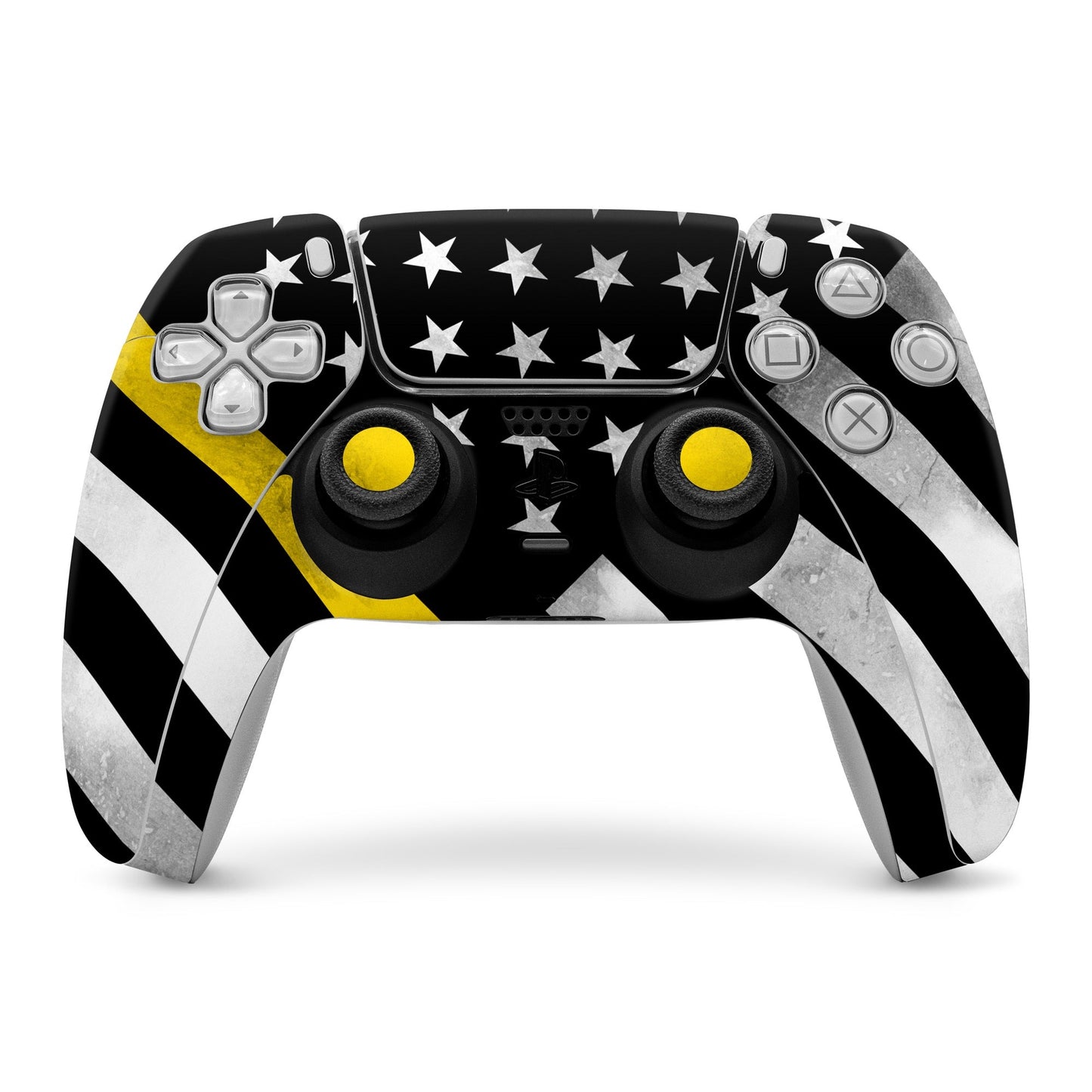 PS5 controller skin with black star pattern and yellow accent stripe, front wrap