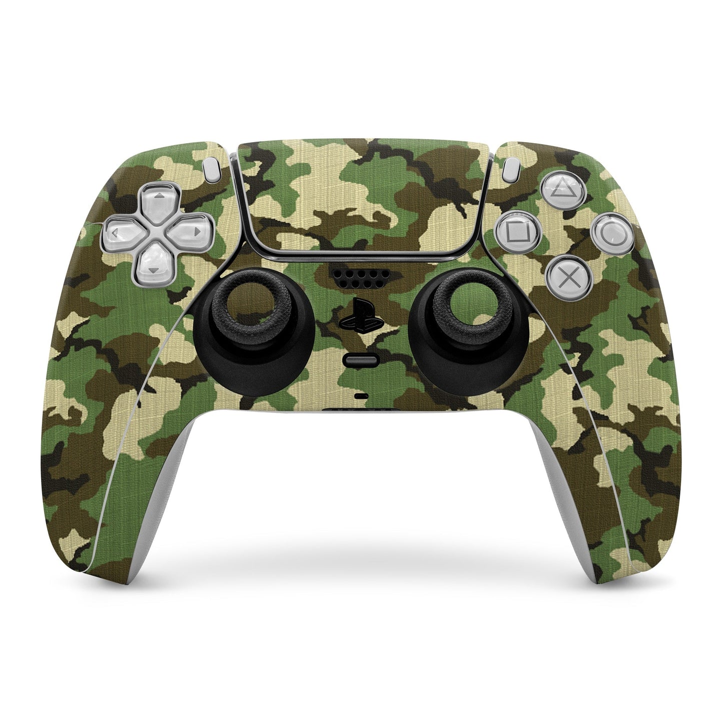 Sony PS5 controller skin with woodland camo pattern for front buttons and sticks