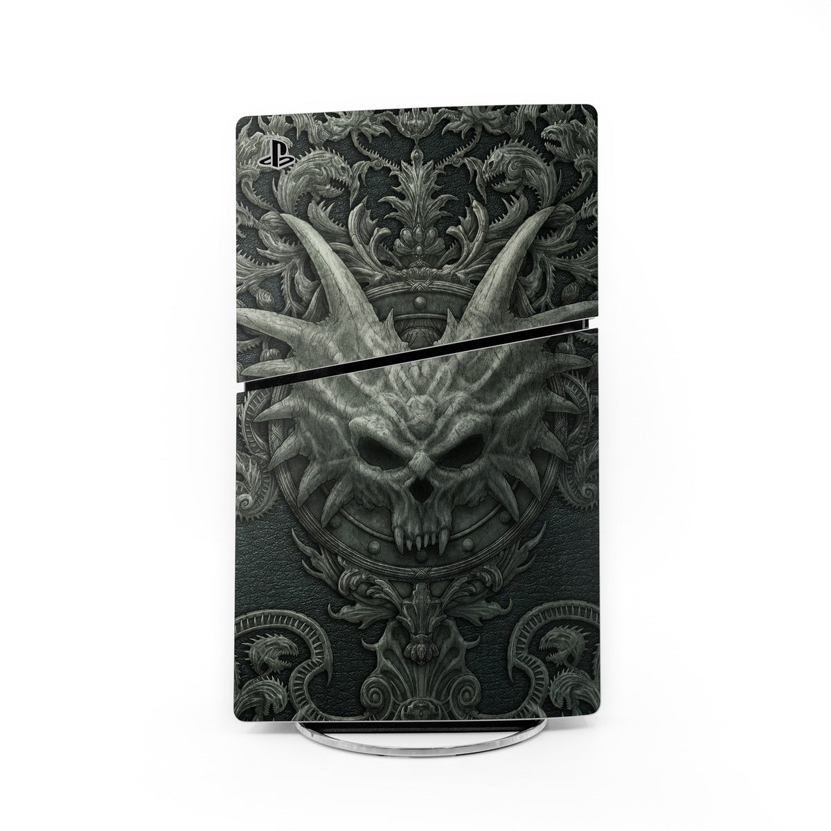 PlayStation 5 Slim console skin, dark ornate skull and dragon pattern