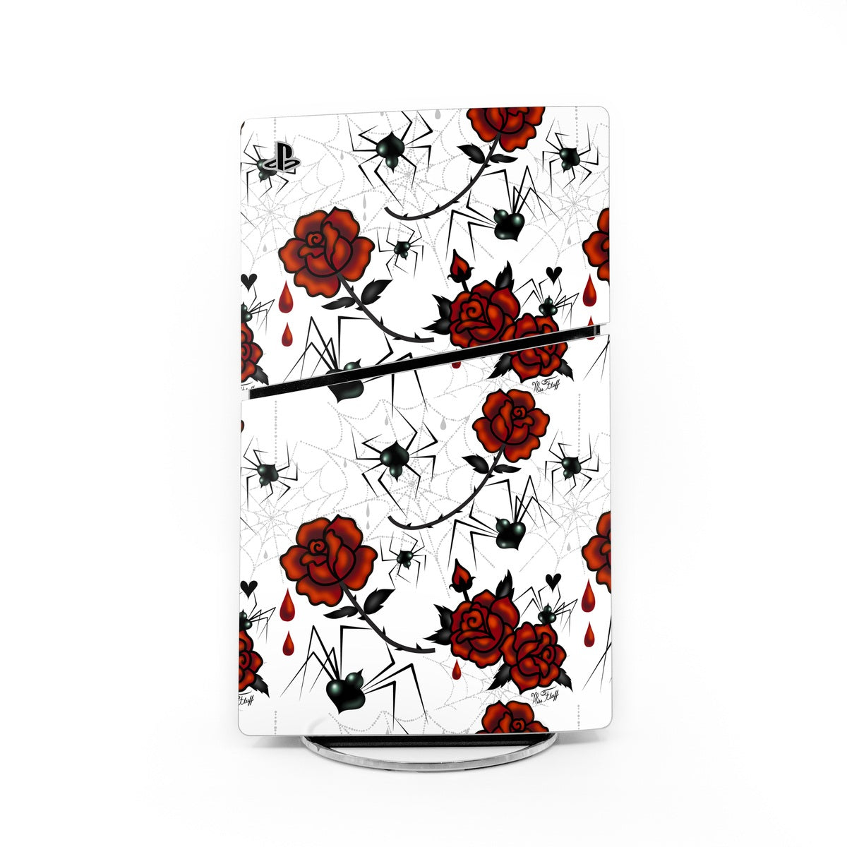 Sony PS5 Slim skin with red roses, black doodle line art on white