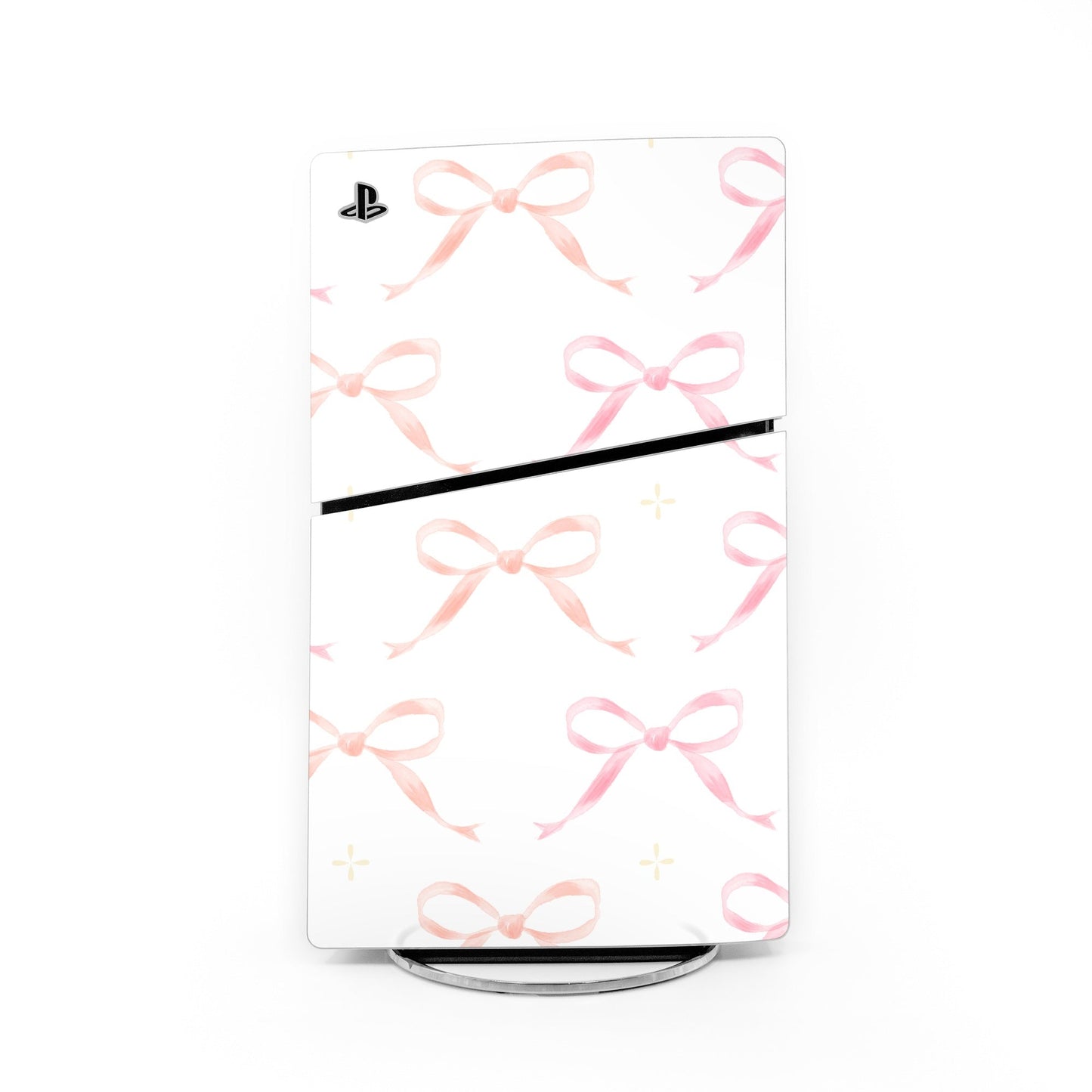 PS5 Slim console skin with pink bow pattern and black horizontal accent stripe