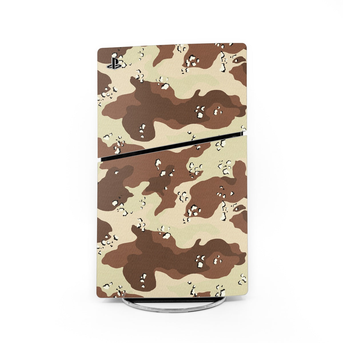 PlayStation 5 Slim skin with desert camouflage pattern and small PS logo