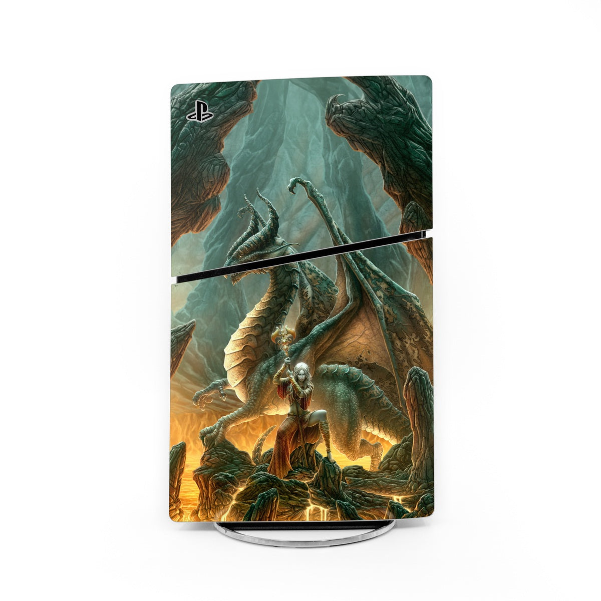 Dragon mage PS5 Slim skin decal with green dragon artwork and crossbow scene