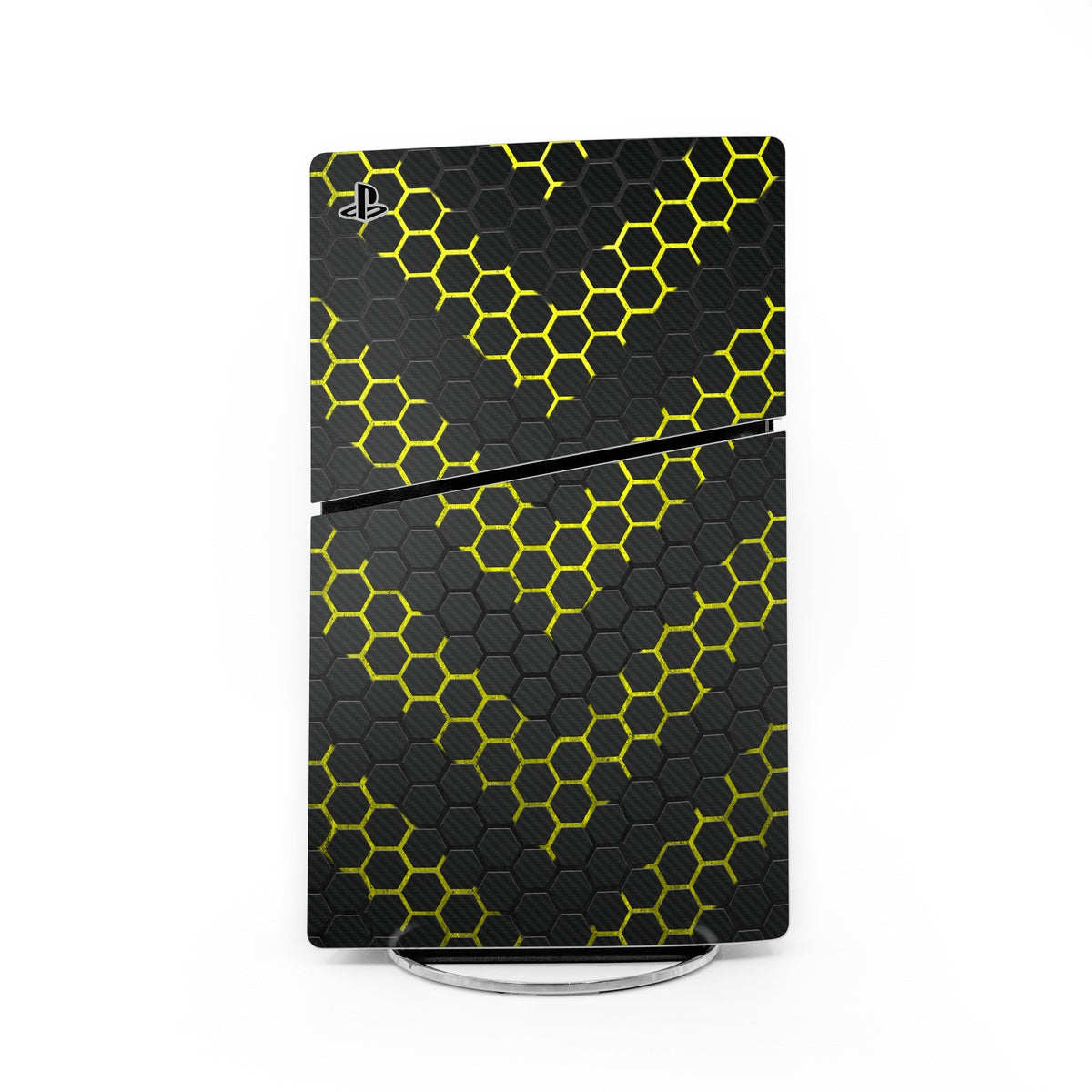 PS5 Slim console skin with dark hexagon pattern and neon yellow accents