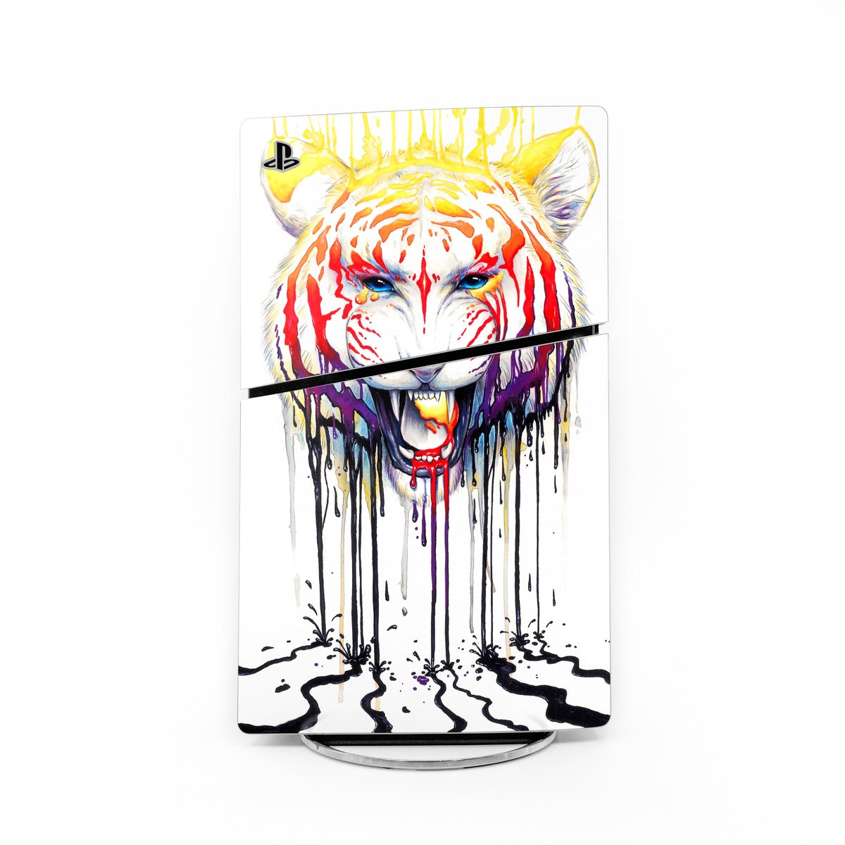 PS5 Slim console skin with colorful tiger face graphic and black dripping paint