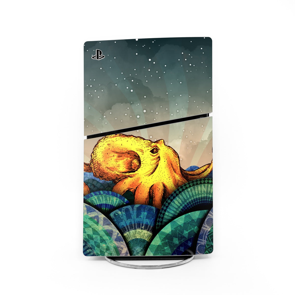 PS5 Slim console skin with teal underwater artwork, yellow creature, PlayStation logo