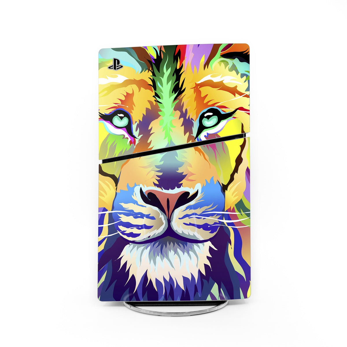 Colorful animal face PS5 Slim console skin with neon green, purple, yellow graphics