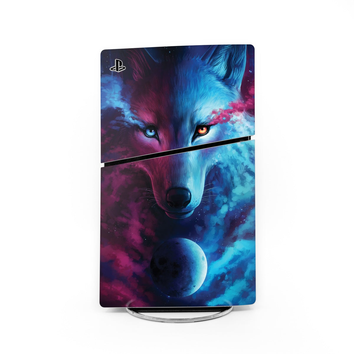PS5 Slim console skin with blue and purple wolf face graphic and PlayStation logo