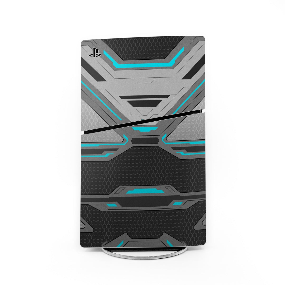 Sony PS5 Slim skin wrap with geometric gray and black sci-fi pattern