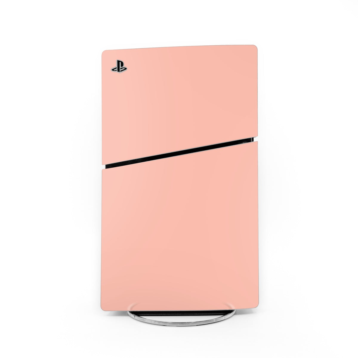 Sony PS5 Slim skin, peach with PlayStation logo and black stripe across top