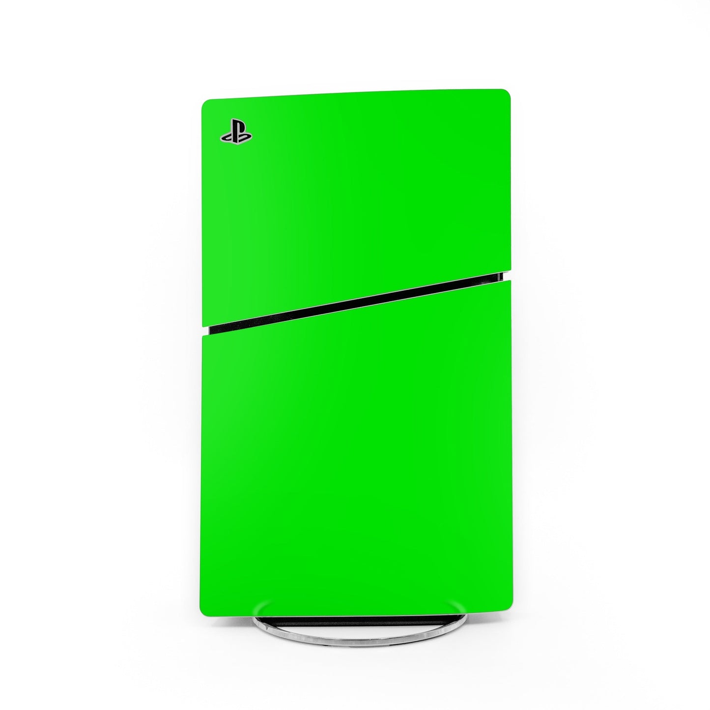PlayStation PS5 Slim skin decal in solid green with black stripe and PS logo