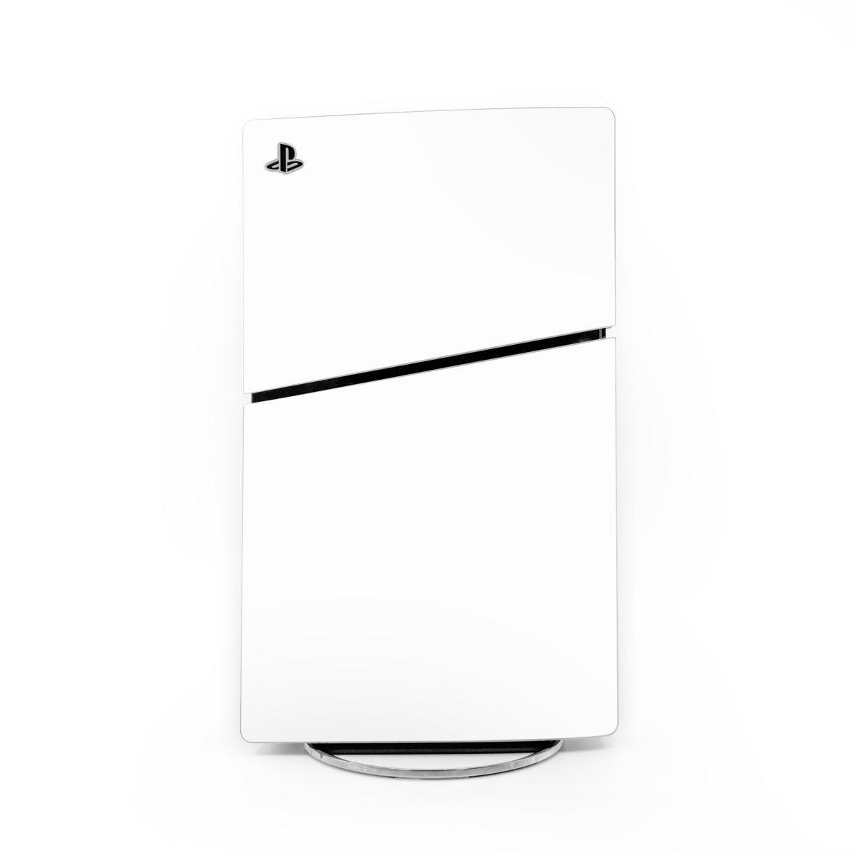 White PS5 Slim console skin with PlayStation logo and black stripe