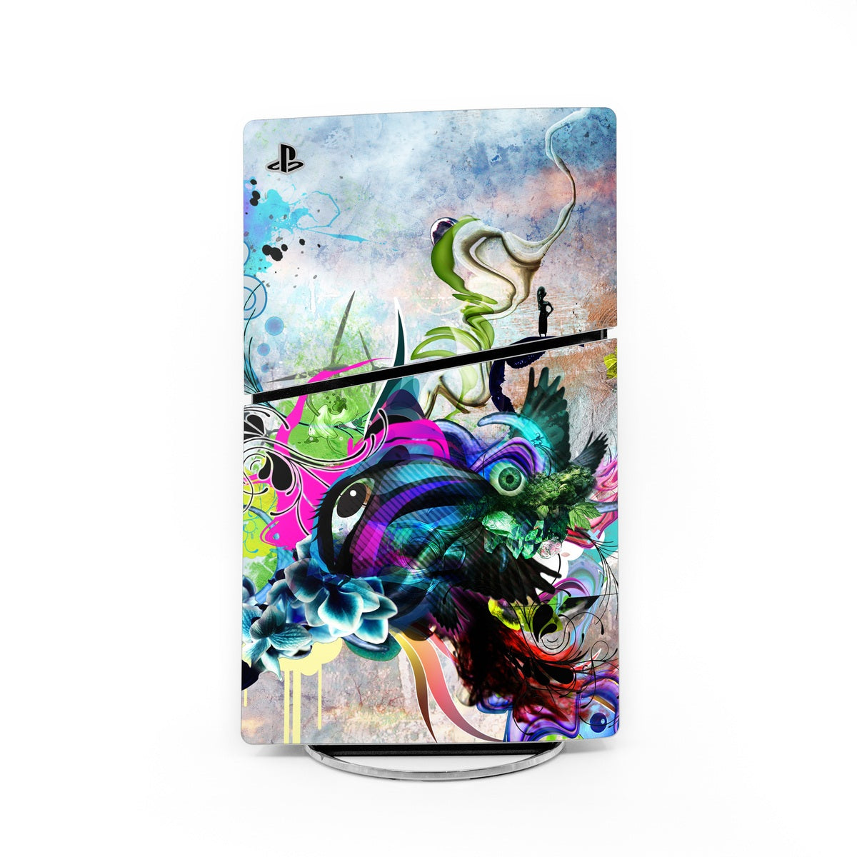 Sony PS5 Slim skin with colorful graffiti dragon art and PlayStation logo